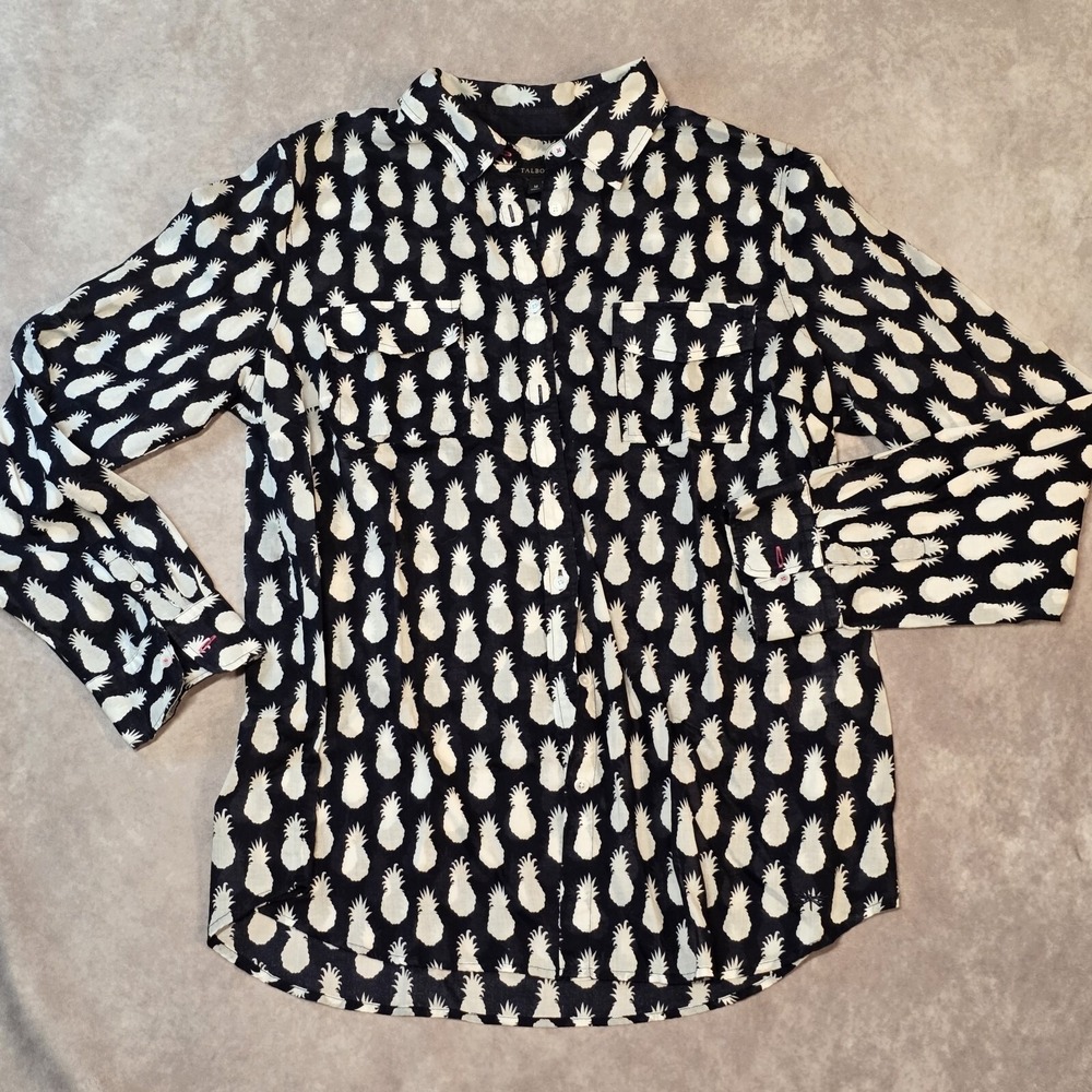 Talbots Womens Medium Navy Blue White Lightweight Summer Blouse Long Sleeve Tee